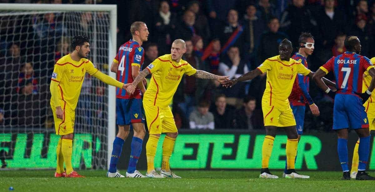 LONDON, ENGLAND - Saturday, February 14, 2015: Liverpool's Emre Can, Martin Skrtel and Mamadou Sakho hold hands against Crystal Palace during the FA Cup 5th Round match at Selhurst Park. (Pic by David Rawcliffe/Propaganda)