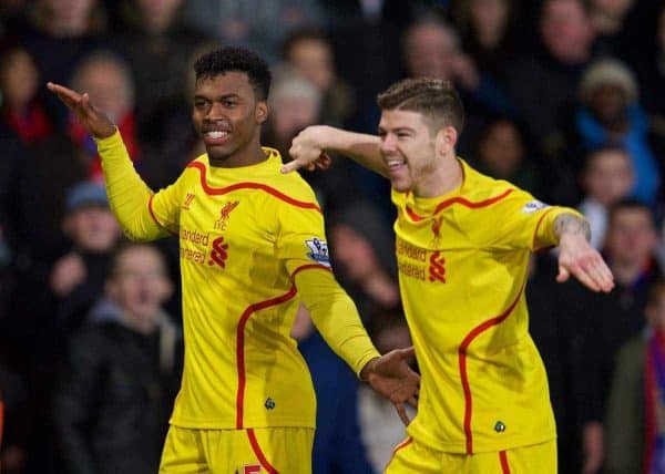 LONDON, ENGLAND - Saturday, February 14, 2015: Liverpool's Daniel Sturridge celebrates scoring the first goal against Crystal Palace with team-mate Alberto Moreno during the FA Cup 5th Round match at Selhurst Park. (Pic by David Rawcliffe/Propaganda)