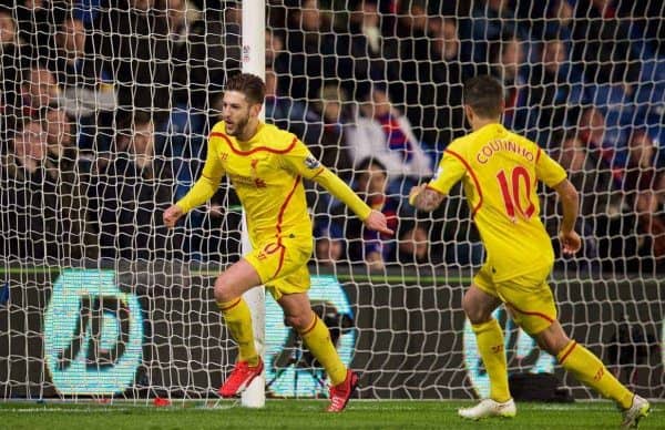LONDON, ENGLAND - Saturday, February 14, 2015: Liverpool's Adam Lallana celebrates scoring the second goal against Crystal Palace during the FA Cup 5th Round match at Selhurst Park. (Pic by David Rawcliffe/Propaganda)