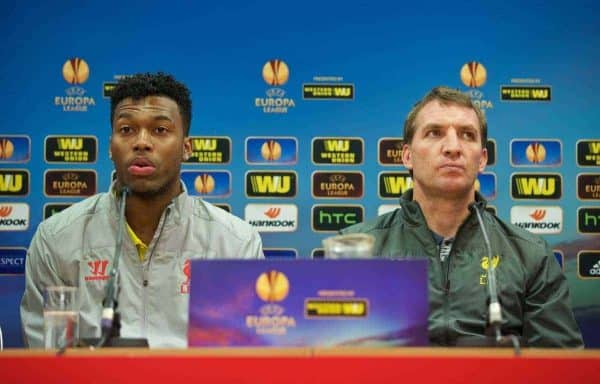 LIVERPOOL, ENGLAND - Wednesday, February 18, 2015: Liverpool's Daniel Sturridge and manager Brendan Rodgers during a press conference ahead of the UEFA Europa League Round of 32 1st leg match against Besiktas JK at Anfield. (Pic by David Rawcliffe/Propaganda)