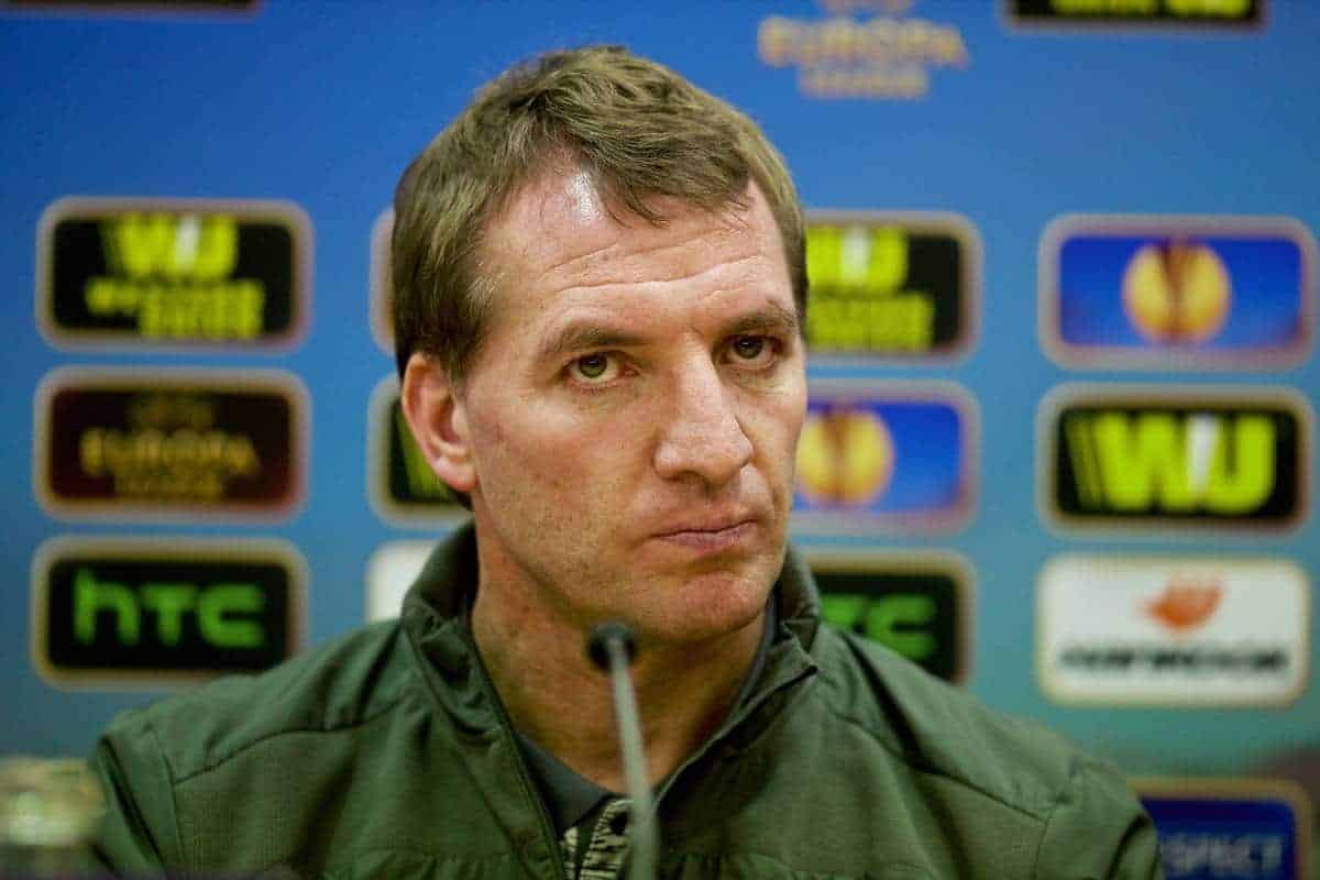 LIVERPOOL, ENGLAND - Wednesday, February 18, 2015: Liverpool's manager Brendan Rodgers during a press conference ahead of the UEFA Europa League Round of 32 1st leg match against Besiktas JK at Anfield. (Pic by David Rawcliffe/Propaganda)