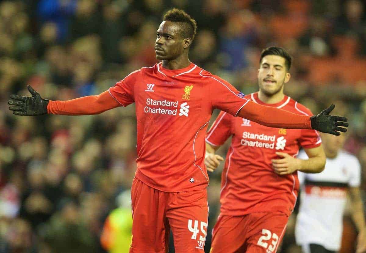 LIVERPOOL, ENGLAND - Thursday, February 19, 2015: Liverpool's Mario Balotelli celebrates scoring the first goal against Besiktas JK from the penalty spot during the UEFA Europa League Round of 32 1st Leg match at Anfield. (Pic by David Rawcliffe/Propaganda)