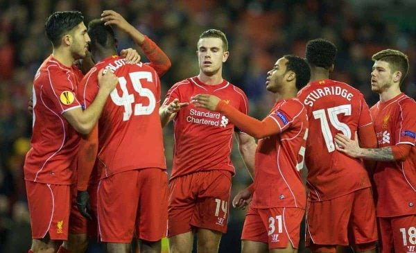 LIVERPOOL, ENGLAND - Thursday, February 19, 2015: Liverpool's captain Jordan Henderson shakes hands with Mario Balotelli as he celebrates scoring the winning goal against Besiktas JK from the penalty spot during the UEFA Europa League Round of 32 1st Leg match at Anfield. (Pic by David Rawcliffe/Propaganda)