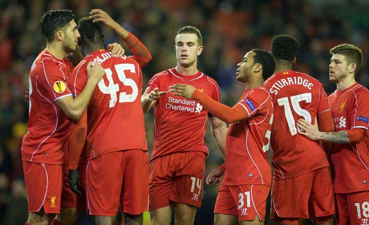 LIVERPOOL, ENGLAND - Thursday, February 19, 2015: Liverpool's captain Jordan Henderson shakes hands with Mario Balotelli as he celebrates scoring the winning goal against Besiktas JK from the penalty spot during the UEFA Europa League Round of 32 1st Leg match at Anfield. (Pic by David Rawcliffe/Propaganda)