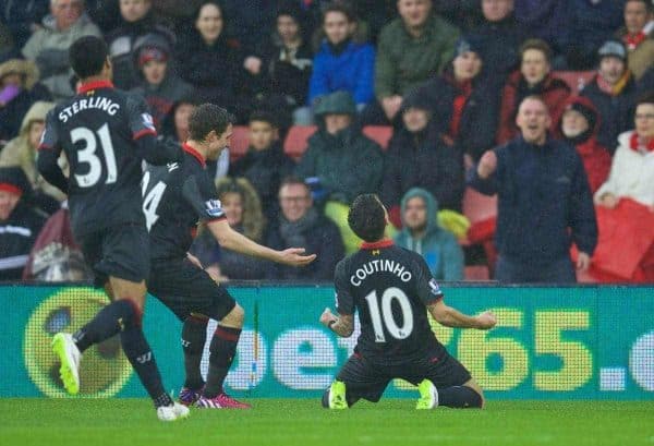 SOUTHAMPTON, ENGLAND - Sunday, February 22, 2015: Liverpool's Philippe Coutinho Correia celebrates scoring the first goal against Southampton during the FA Premier League match at St Mary's Stadium. (Pic by David Rawcliffe/Propaganda)