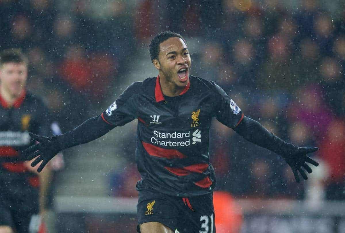 SOUTHAMPTON, ENGLAND - Sunday, February 22, 2015: Liverpool's Raheem Sterling celebrates scoring the second goal against Southampton during the FA Premier League match at St Mary's Stadium. (Pic by David Rawcliffe/Propaganda)