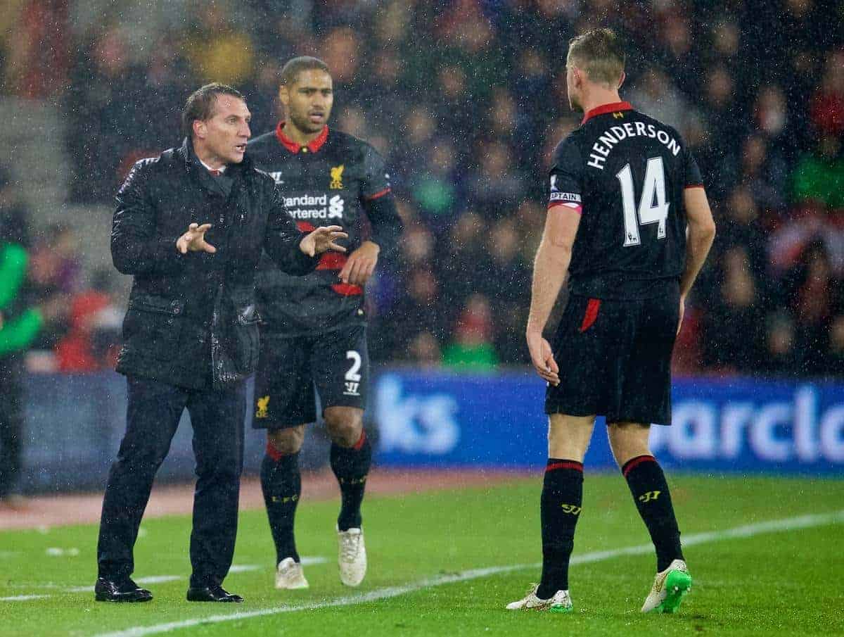 SOUTHAMPTON, ENGLAND - Sunday, February 22, 2015: Liverpool's manager Brendan Rodgers issues instructions to captain Jordan Henderson during the FA Premier League match against Southampton at St Mary's Stadium. (Pic by David Rawcliffe/Propaganda)