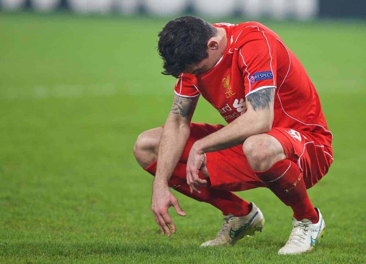 ISTANBUL, TURKEY - Thursday, February 26, 2015: Liverpool's Dejan Lovren looks dejected after missing the vital fifth penalty against Besiktas JK in the shoot-out after a 1-1 aggregate draw during the UEFA Europa League Round of 32 2nd Leg match at the Ataturk Olympic Stadium. (Pic by David Rawcliffe/Propaganda)