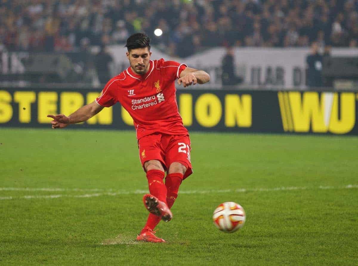 ISTANBUL, TURKEY - Thursday, February 26, 2015: Liverpool's Emre Can scores his side's second penalty goal of the shoot-out against Besiktas JK during the UEFA Europa League Round of 32 2nd Leg match at the Ataturk Olympic Stadium. (Pic by David Rawcliffe/Propaganda)