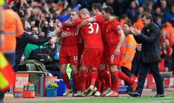 LIVERPOOL, ENGLAND - Sunday, March 1, 2015: Liverpool's captain Jordan Henderson celebrates scoring the first goal against Manchester City during the Premier League match at Anfield. (Pic by David Rawcliffe/Propaganda)