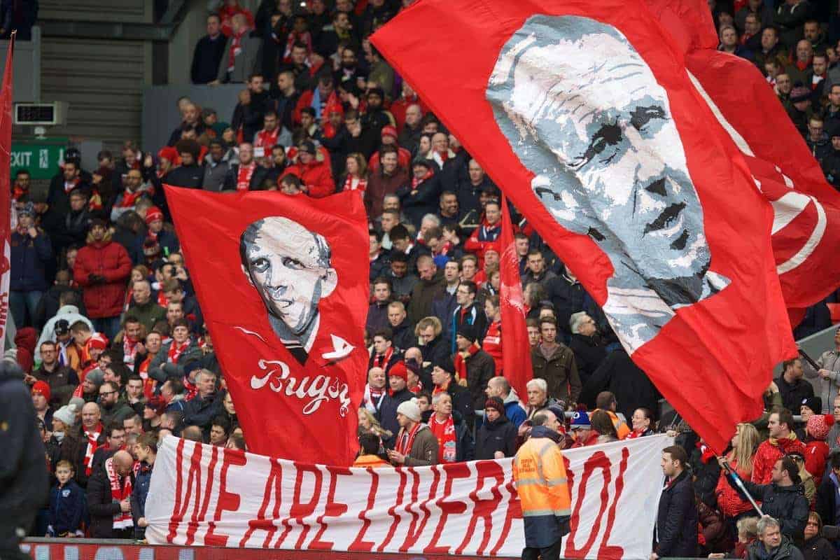LIVERPOOL, ENGLAND - Sunday, March 1, 2015: Liverpool supporters' banners of Bill Shankly and Ronnie Moran in action against Manchester City during the Premier League match at Anfield. (Pic by David Rawcliffe/Propaganda) [general pic]