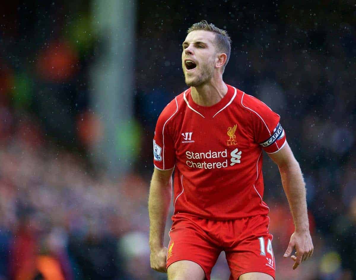 LIVERPOOL, ENGLAND - Sunday, March 1, 2015: Liverpool's captain Jordan Henderson in action against Manchester City during the Premier League match at Anfield. (Pic by David Rawcliffe/Propaganda)