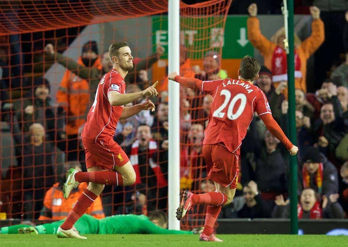 LIVERPOOL, ENGLAND - Wednesday, March 4, 2015: Liverpool's captain Jordan Henderson celebrates scoring the first goal against Burnley during the Premier League match at Anfield. (Pic by David Rawcliffe/Propaganda)