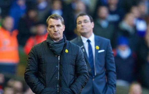 LIVERPOOL, ENGLAND - Sunday, March 8, 2015: Liverpool's manager Brendan Rodgers and Blackburn Rovers' manager Gary Bowyer during the FA Cup 6th Round Quarter-Final match at Anfield. (Pic by David Rawcliffe/Propaganda)