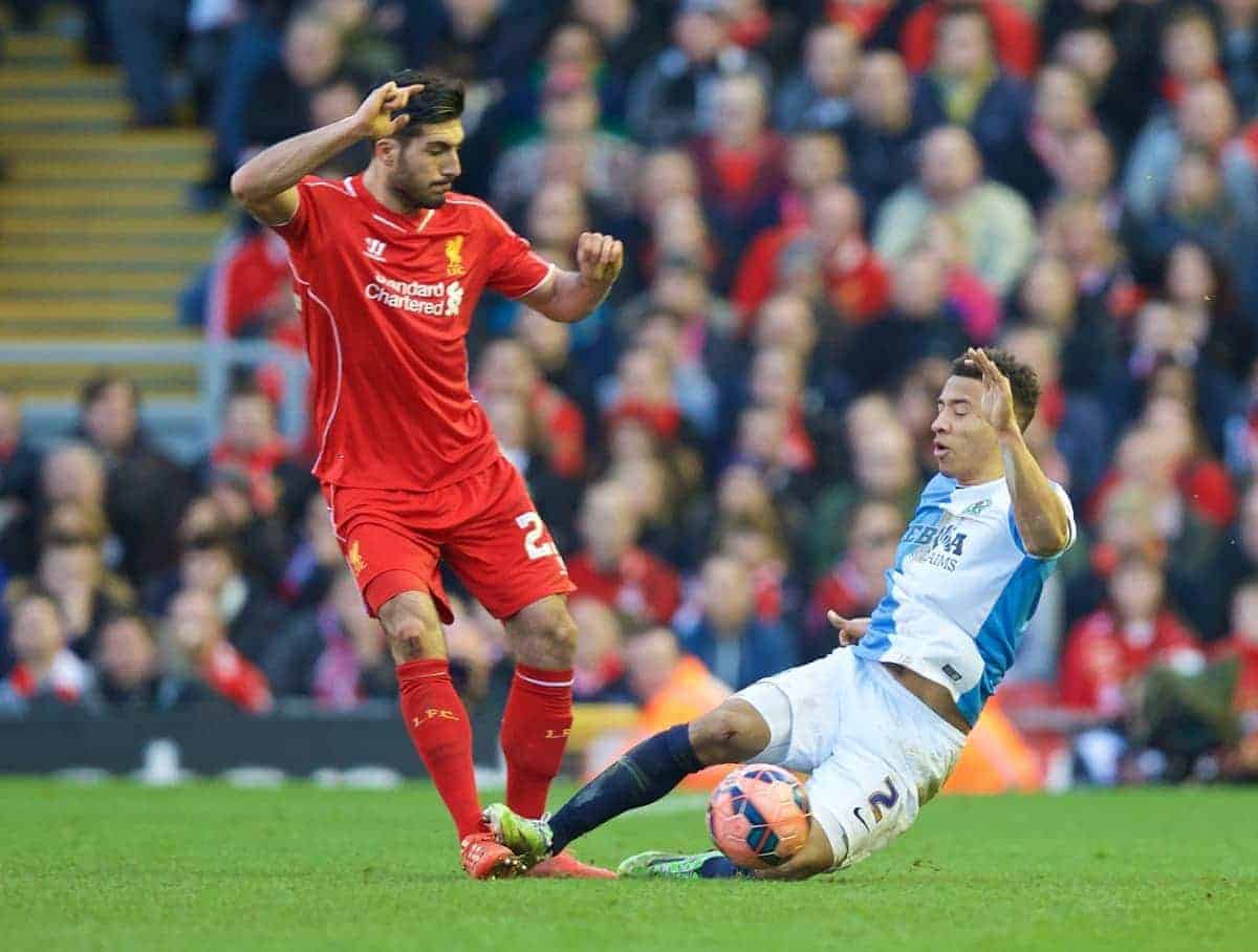 LIVERPOOL, ENGLAND - Sunday, March 8, 2015: Liverpool's Emre Can is fouled by Blackburn Rovers' Adam Henley during the FA Cup 6th Round Quarter-Final match at Anfield. (Pic by David Rawcliffe/Propaganda)