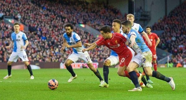 LIVERPOOL, ENGLAND - Sunday, March 8, 2015: Liverpool's Philippe Coutinho Correia in action against Blackburn Rovers during the FA Cup 6th Round Quarter-Final match at Anfield. (Pic by David Rawcliffe/Propaganda)
