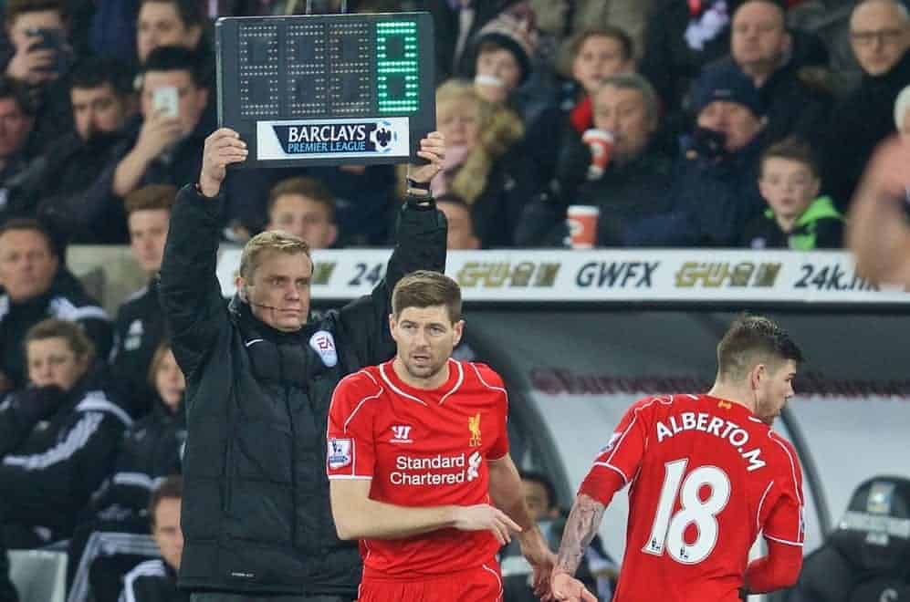 SWANSEA, ENGLAND - Monday, March 16, 2015: Liverpool's substitute Steven Gerrard replaces Alberto Moreno against Swansea City during the Premier League match at the Liberty Stadium. (Pic by David Rawcliffe/Propaganda)