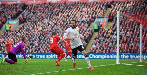 LIVERPOOL, ENGLAND - Sunday, March 22, 2015: Manchester United's Juan Mata celebrates scoring the first goal against Liverpool during the Premier League match at Anfield. (Pic by David Rawcliffe/Propaganda)