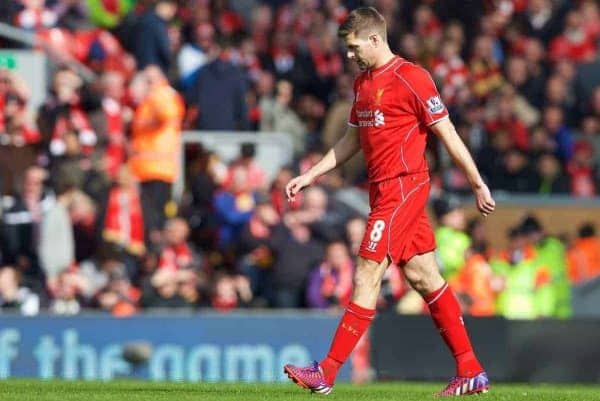 LIVERPOOL, ENGLAND - Sunday, March 22, 2015: Liverpool's captain Steven Gerrard walks off after being shown a red card during the Premier League match against Manchester United at Anfield. (Pic by David Rawcliffe/Propaganda)