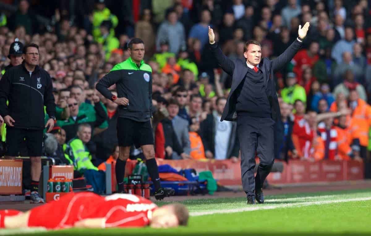 LIVERPOOL, ENGLAND - Sunday, March 22, 2015: Liverpool's manager Brendan Rodgers reacts after captain Jordan Henderson is fouled by Manchester United's Phil Jones during the Premier League match at Anfield. (Pic by David Rawcliffe/Propaganda)