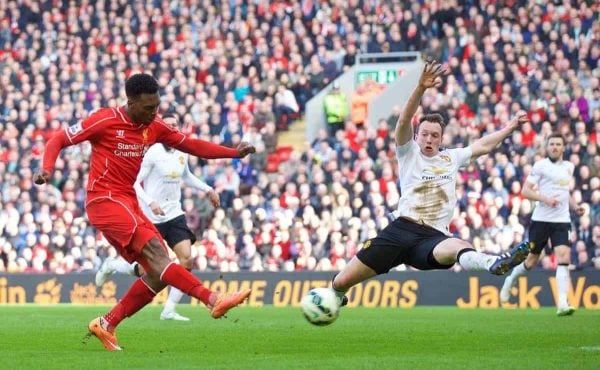 LIVERPOOL, ENGLAND - Sunday, March 22, 2015: Liverpool's Daniel Sturridge scores the first goal against Manchester United during the Premier League match at Anfield. (Pic by David Rawcliffe/Propaganda)