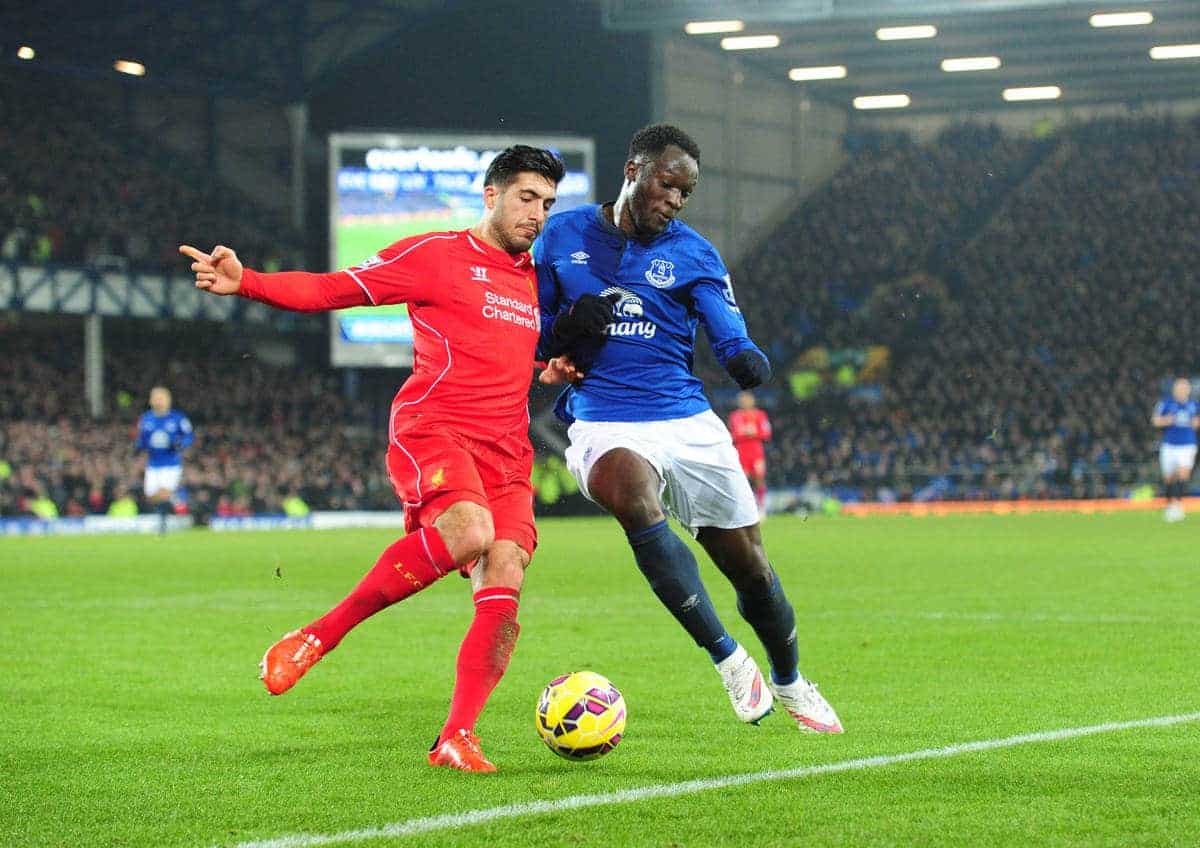 LIVERPOOL, ENGLAND - Friday, February 6, 2015: Everton's Romelu Lukaku in action with Liverpool's Emre Can during the Premier League match at Goodison Park, the 224th Merseyside Derby. (Pic by David Rawcliffe/Propaganda)