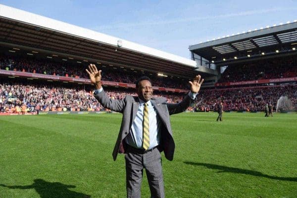 Subway Global Ambassador and global sports icon Pelé reacts to a standing ovation during a halftime ceremony at the Liverpool FC v. Manchester United match, Sunday, March 22, in Liverpool, UK. Pelé's visit marked the first time he watched a match at Anfield. (Photo by Anthony McArdle for SUBWAY Restaurants/Liverpool FC)