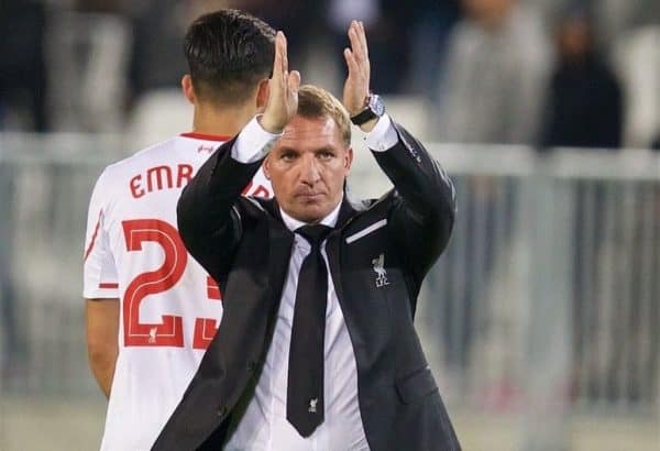 BORDEAUX, FRANCE - Thursday, September 17, 2015: Liverpool's manager Brendan Rodgers applauds the travelling supporters after the 1-1 draw with FC Girondins de Bordeaux the UEFA Europa League Group Stage Group B match at the Nouveau Stade de Bordeaux. (Pic by David Rawcliffe/Propaganda)