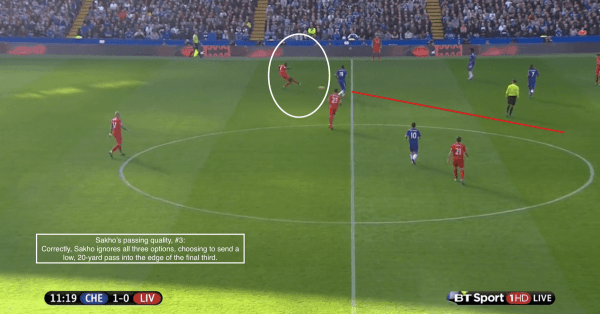 Sakho's passing quality, #3: Correctly, Sakho ignores all three options, choosing to send a low, 20-yard pass into the edge of the final third.