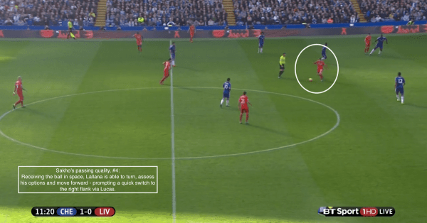 Sakho's passing quality #4: Receiving the ball in space, Lallana is able to turn, assess his options and move forward - prompting a quick switch to the right flank via Lucas.