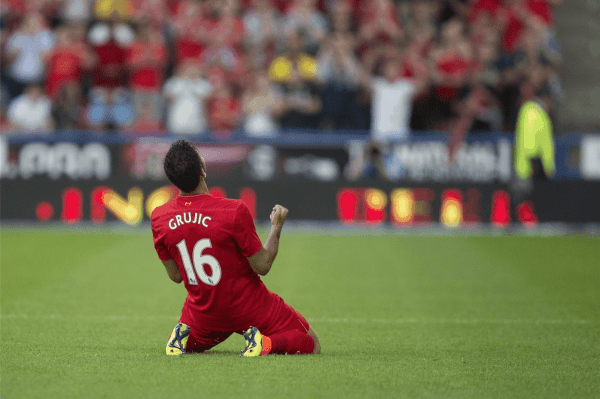 HUDDERSFIELD, ENGLAND - Wednesday, July 20, 2016: Liverpool's Marko Grujic celebrates his sides first goal to make the score 1-0 during the Shankly Trophy pre-season friendly match against Huddersfield Town at the John Smith’s Stadium. (Pic by Paul Greenwood/Propaganda)