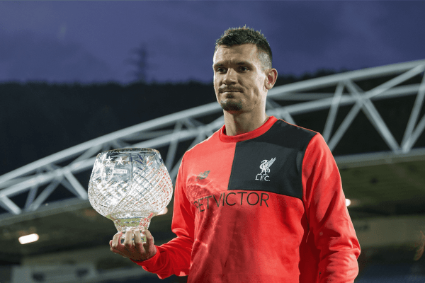 HUDDERSFIELD, ENGLAND - Wednesday, July 20, 2016: Liverpool's Dejan Lovren poses with the Shankly Trophy after the Shankly Trophy pre-season friendly match against Huddersfield at the John Smith’s Stadium. (Pic by Paul Greenwood/Propaganda)