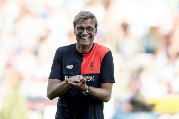 HUDDERSFIELD, ENGLAND - Wednesday, July 19, 2016: Liverpool's manager Jurgen Klopp laughs during the pre-match warm-up ahead of the Shankly Trophy pre-season friendly match against Huddersfield Town at the John Smith’s Stadium. (Pic by Paul Greenwood/Propaganda)