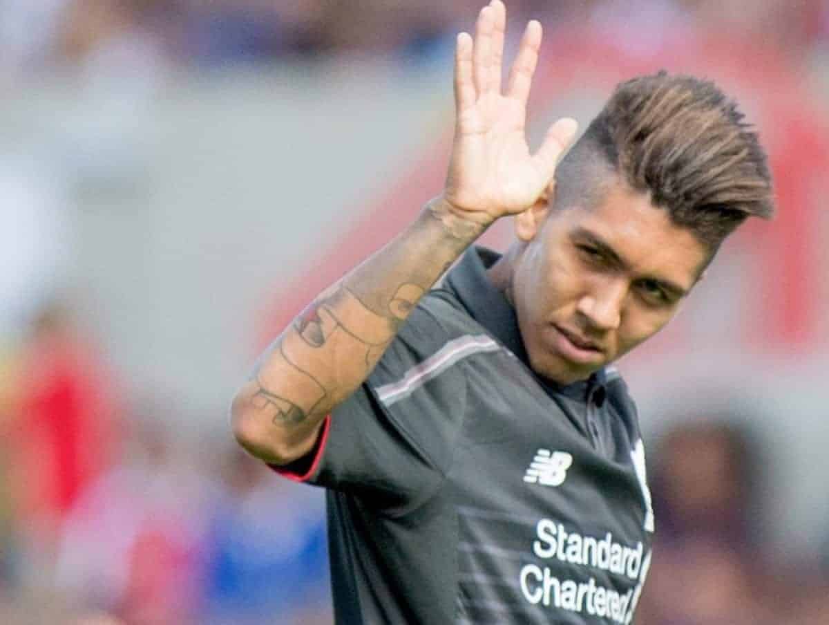 SWINDON, ENGLAND - Sunday, August 2, 2015: Liverpool's Roberto Firmino apologises for not passing during a friendly match against Swindon at the County Ground. (Pic by Mark Hawkins/Propaganda)