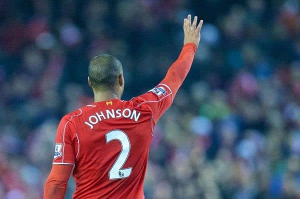 LIVERPOOL, ENGLAND - Saturday, November 29, 2014: Liverpool's match-winning goal scorer Glen Johnson celebrates after the 1-0 victory over Stoke City during the Premier League match at Anfield. (Pic by David Rawcliffe/Propaganda)	