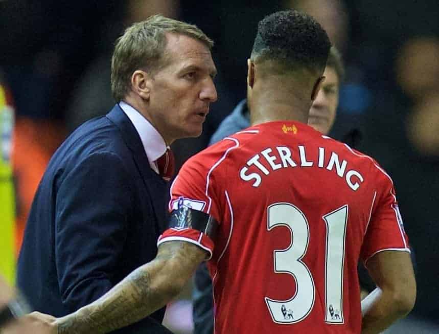 LIVERPOOL, ENGLAND - Monday, April 13, 2015: Liverpool's Raheem Sterling and manager Brendan Rodgers before the Premier League match against Newcastle United at Anfield. (Pic by David Rawcliffe/Propaganda)