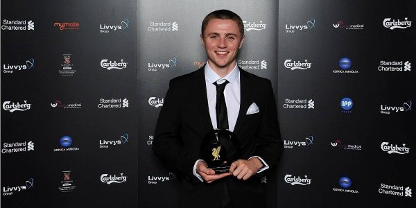 Jordan Rossiter of Liverpool poses with award during the Liverpool FC 2014 Players' Awards Dinner on May 6, 2014 in Liverpool, England.