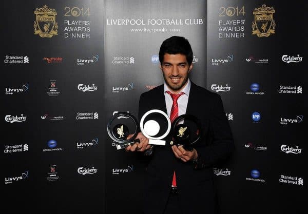 Luis Suarez of Liverpool poses with award during the Liverpool FC 2014 Players' Awards Dinner on May 6, 2014 in Liverpool, England.