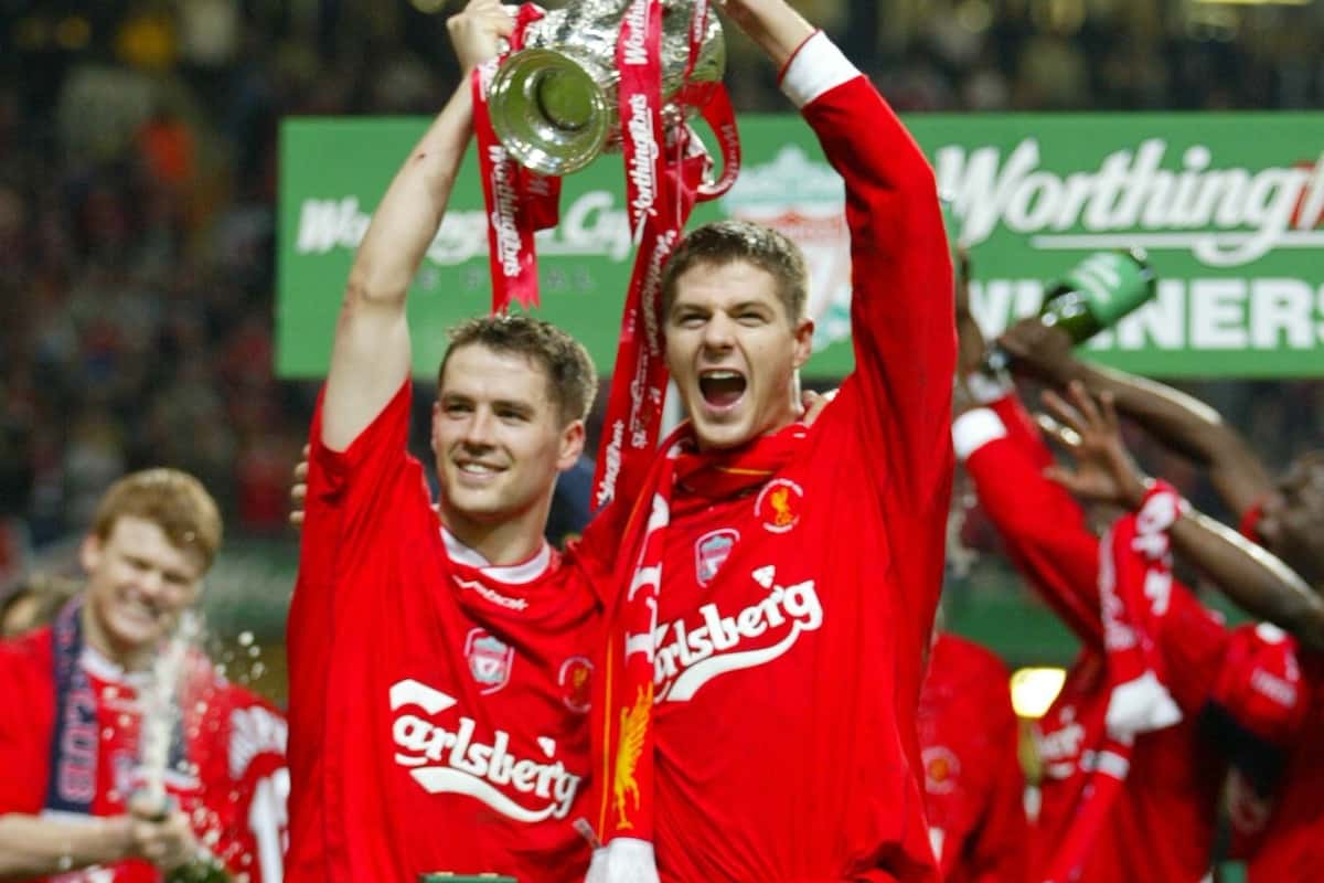 CARDIFF, WALES - Sunday, March 2, 2003: Liverpool's goalscorers Michael Owen (l) and Steven Gerrard celebrate beating Manchester United 2-0 during the Football League Cup Final at the Millennium Stadium. (Pic by David Rawcliffe/P
propaganda)