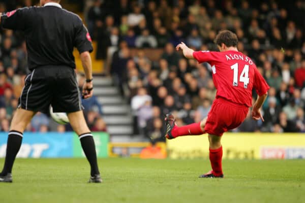 LONDON, ENGLAND - SATURDAY OCTOBER 16th 2004: Liverpool's Xabi Alonso scores the third goal against Fulham during the Premiership match at Craven Cottage. (Photo by David Rawcliffe/Propaganda)