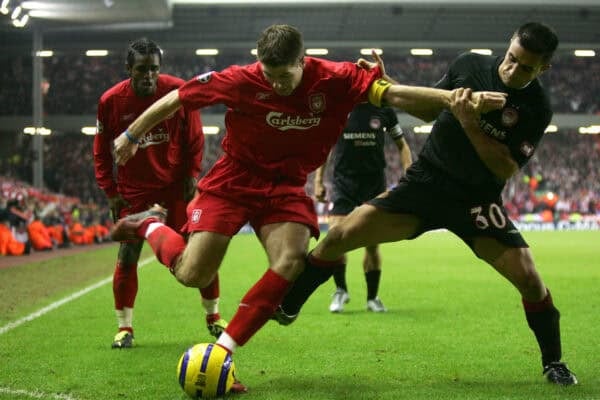 LIVERPOOL, ENGLAND- WEDNESDAY DECEMBER 8th 2004: Liverpool's Steven Gerrard in action against Olympiakos during the UEFA Champions League Group A match at Anfield. (Pic by David Rawcliffe/Proparganda)