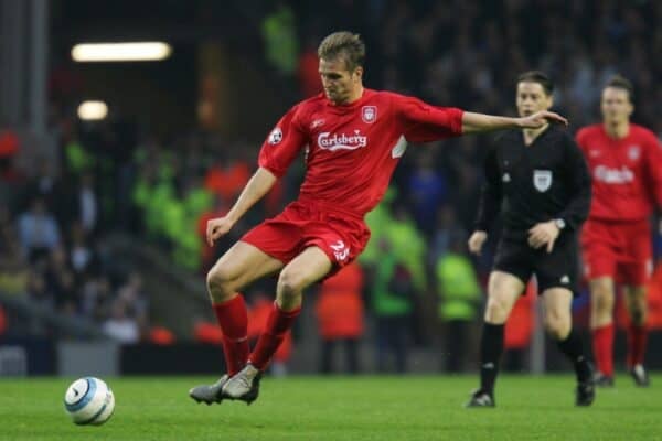 LIVERPOOL, ENGLAND. TUESDAY, MAY 3rd, 2005: Liverpool's Igor Biscan in action against Chelsea during the UEFA Champions League Semi Final 2nd Leg at Anfield. (Pic by David Rawcliffe/Propaganda)