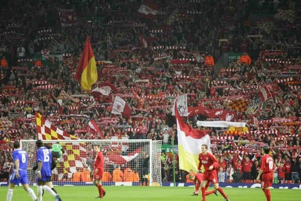 LIVERPOOL, ENGLAND. TUESDAY, MAY 3rd, 2005: Liverpool's fans on the Spion Kop cheer their side on against Chelsea during the UEFA Champions League Semi Final 2nd Leg at Anfield. (Pic by David Rawcliffe/Propaganda)