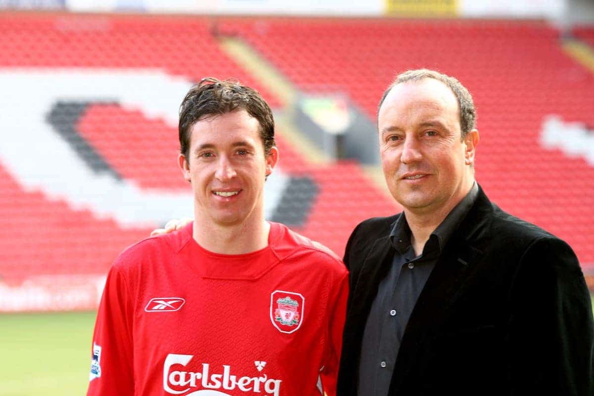 LIVERPOOL, ENGLAND - MONDAY, JANUARY 30th, 2006: Liverpool's new signing Robbie Fowler with manager Rafael Benitez at Anfield following his free transfer from Manchester City back to his home town club. (Pic by David Rawcliffe/Propaganda)