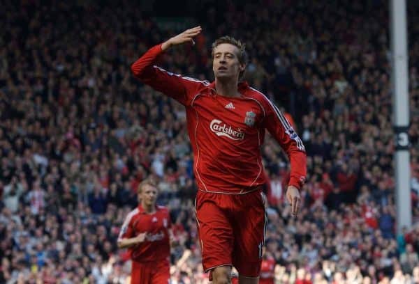 Liverpool, England - Saturday, March 3, 2007: Liverpool's Peter Crouch celebrates scoring the fourth goal and completes his hat-trick against Arsenal during the Premiership match at Anfield. (Pic by David Rawcliffe/Propaganda)