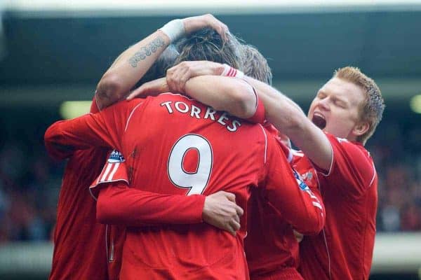 LIVERPOOL, ENGLAND - Sunday, March 30, 2008: Liverpool's Fernando Torres celebates scoring the only goal of the game, with team-mates, against Everton during the 207th Merseyside derby, in the Premiership match at Anfield. (Photo by David Rawcliffe/Propaganda)