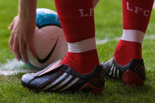 LIVERPOOL, ENGLAND - Sunday, April 13, 2008: The boots of Liverpool's captain Steven Gerrard MBE and he prepares to take a corner kick during the Premiership match against Blackburn Rovers at Anfield. (Photo by David Rawcliffe/Propaganda)