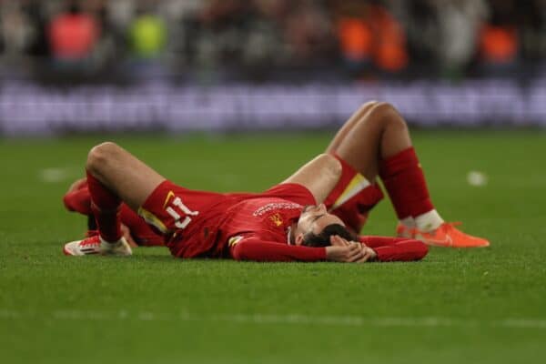 LONDON, ENGLAND - Sunday, March 16, 2025: Liverpool's Curtis Jones looks dejected after the Football League Cup Final match between Liverpool FC and Newcastle United FC at Wembley Stadium. Newcastle United won 2-1. (Photo by David Rawcliffe/Propaganda)