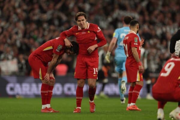 LONDON, ENGLAND - Sunday, March 16, 2025: Liverpool's Dominik Szoboszlai (L) and Federico Chiesa look dejected after the Football League Cup Final match between Liverpool FC and Newcastle United FC at Wembley Stadium. Newcastle United won 2-1. (Photo by David Rawcliffe/Propaganda)