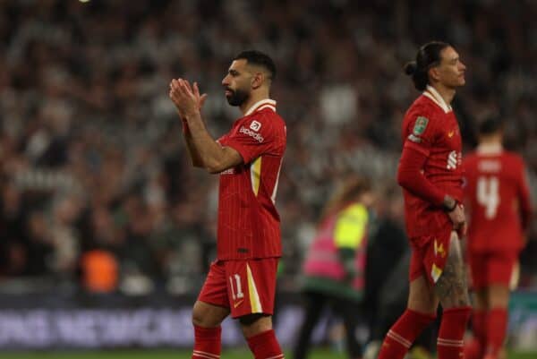 LONDON, ENGLAND - Sunday, March 16, 2025: Liverpool's Mohamed Salah looks dejected after the Football League Cup Final match between Liverpool FC and Newcastle United FC at Wembley Stadium. Newcastle United won 2-1. (Photo by David Rawcliffe/Propaganda)